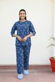 Indigo Blue Cotton Printed Night Suit Set with Payjama