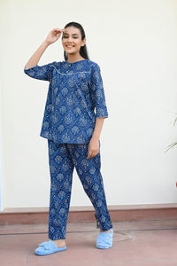 Indigo Blue Cotton Printed Night Suit Set with Payjama