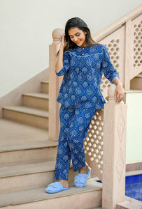 Indigo Blue Cotton Printed Night Suit Set with Payjama