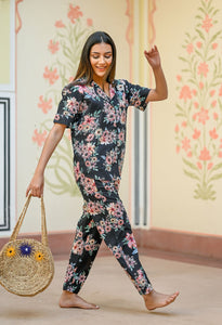 Black Cotton Printed Night Suit Set with Payjama