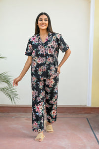 Black Cotton Printed Night Suit Set with Payjama