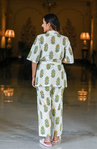 White/green Cotton Printed Night Suit Shrug Set