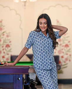 Blue/White Cotton Printed Night Suit Set with Payjama