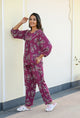 Mauve Rayon Crepe Printed Night Suit Set with Payjama