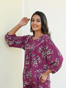 Mauve Rayon Crepe Printed Night Suit Set with Payjama