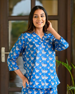 Blue Cotton Printed Night Suit Set with Payjama