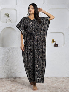 Black Cotton Ethnic Print Kaftan Maxi Dress