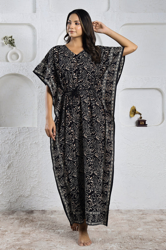 Black Cotton Ethnic Print Kaftan Maxi Dress