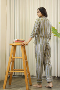 Women Olive Green & Blue Striped Night suit