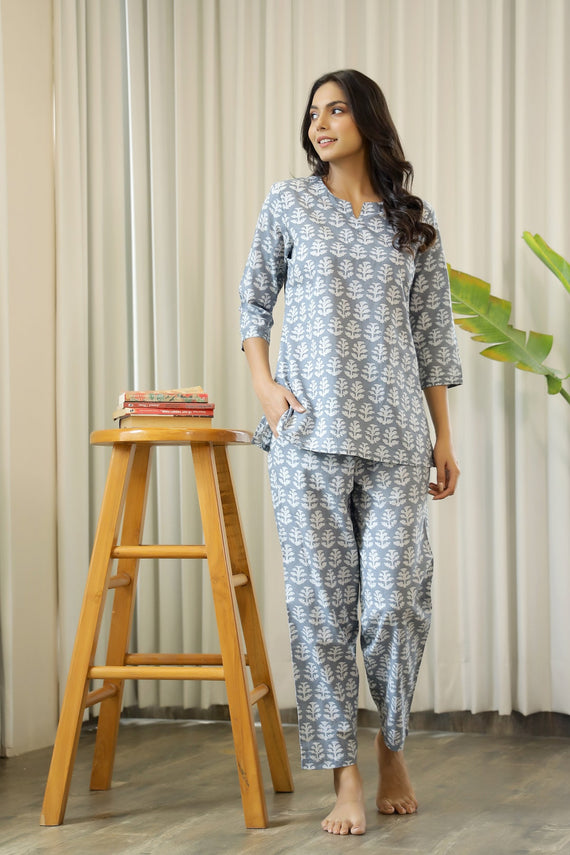 GRey Cotton Printed Night Suit Set with Pajama