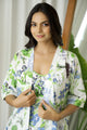 Women White & Green Floral  Printed Cotton Night Suit Set with Robe