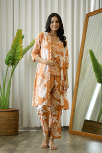 Orange Cotton Printed 3 PEICE Night Suit Set with Pyjama