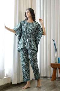 Green & White Printed Cotton Kaftan set