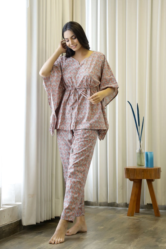 Women Grey Rust and Orange Pure Cotton Printed Kaftan Pyjama Night Suit Set
