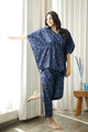 Women Navy Blue Floral Printed Cotton Kaftan with Pyjama