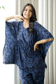 Women Navy Blue Floral Printed Cotton Kaftan with Pyjama