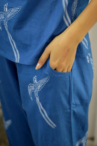 Women Blue and White Conversational Eagle printed Night suit set with pyjama