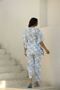 White & Blue Printed Kaftan Set