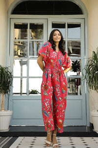 Red PINK Printed Cotton jumpsuit