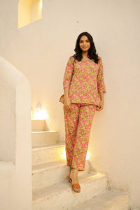 Green & pink printed pure cotton night suit set