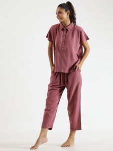 Pink Solid Cotton Slub Night Suit