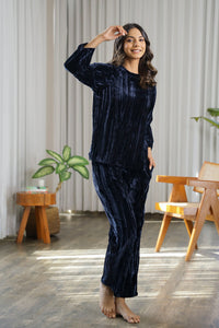 Navy Blue Crushed Velvet Night Suit