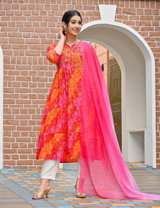 Rang Deep Pink Bhandej Print Cotton Set of Kurti With Pant & Dupatta