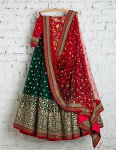 Green & Red Appealing Semi-Stitched Lehenga Choli With Dupatta Semi-Stitched)