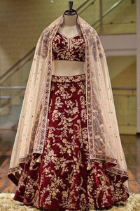 Maroon & Cream Wonderful Semi-Stitched Lehenga Choli With Dupatta