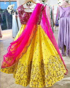 Yellow & Pink Adoring Semi-Stitched Lehenga Choli With Dupatta