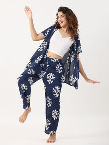 3 PIECE  indigo booti Night Suit Set with Pyjama