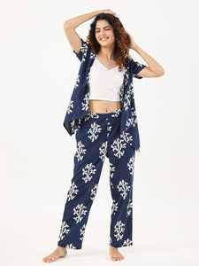 3 PIECE  indigo booti Night Suit Set with Pyjama