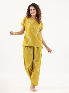 Mustard  and White Conversational Eagle printed Night suit set with pyjama