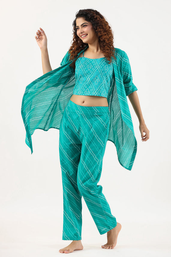 Turquoise Bhandej Cotton 3 peice Co-ord set
