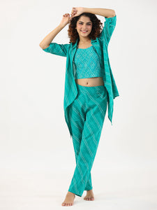 Turquoise Bhandej Cotton 3 peice Co-ord set