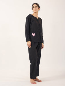 Black solid Cotton Night SUIT