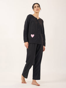 Black solid Cotton Night SUIT