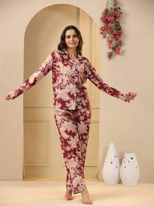 Red maroon Printed Full sleeves Cotton Night suit