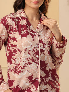 Red maroon Printed Full sleeves Cotton Night suit