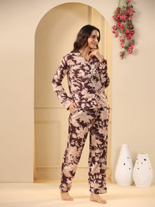 Brown Printed Full sleeves Cotton Night suit