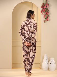 Brown Printed Full sleeves Cotton Night suit