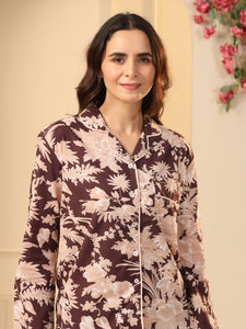 Brown Printed Full sleeves Cotton Night suit