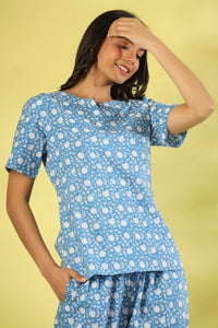 Blue printed pure cotton night suit set