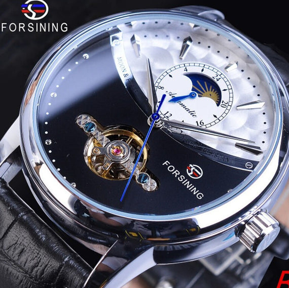 JUBNU TIME-WATERPROOF Tourbillon Blue Automatic Men Watch Mechanical Moon Phase Genuine Leather