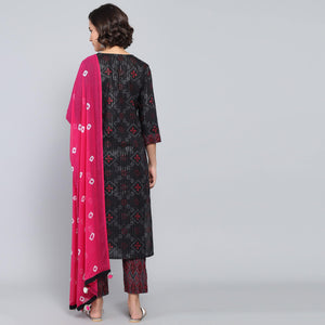 Rang Deep Black Pink Print Cotton Set of Kurti With Pant & Dupatta