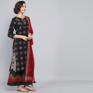 Rang Deep Black Red  Print Cotton Set of Kurti With Plazzo & Dupatta