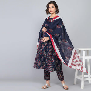 Rang Deep Midnight Blue  Print Cotton Set of Kurti With Pant & Dupatta