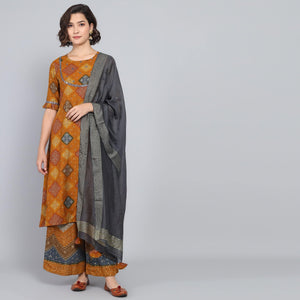 Rang Deep Ochre  Print Cotton Set of Kurti With Plazzo & Dupatta