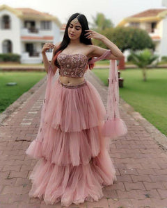 BEAUTIFUL PEACH PARTY WEAR LAHENGA CHOLI