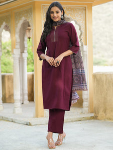 Women Cotton Flex Kurta Set With Chiffon Dupatta